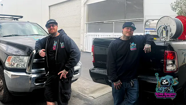 brett-and-brock-brothers-the-grime-reapers-cleaning-service-founders-standing-by-company-trucks